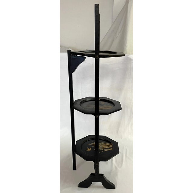 Boho Chic Early 20th Century Hand Painted 3-Tier Folding Wood Muffineer Serving Display Stand For Sale - Image 3 of 12