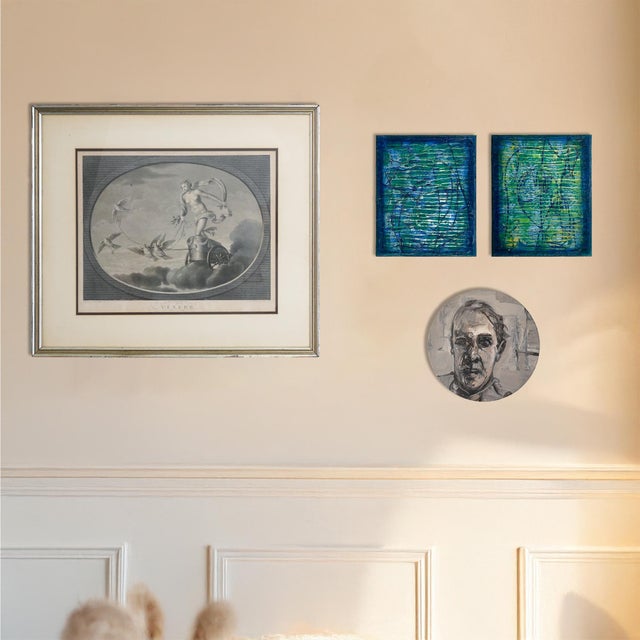 Vintage late 20th century original painting on a round 8" canvas of a portrait of a man. Signed on the reverse S. Holz and...