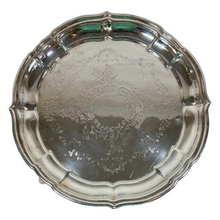 Antique Edwardian Scalloped Edge Silver Plate Serving Tray With 3 Feet From England - Circa 1910 For Sale