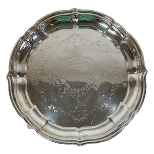 Antique Edwardian Scalloped Edge Silver Plate Serving Tray With 3 Feet From England - Circa 1910