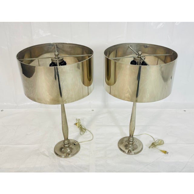 2020s Pair of Nickel-Plated Modern Table Lamps With Matching Metal Shades For Sale - Image 5 of 14