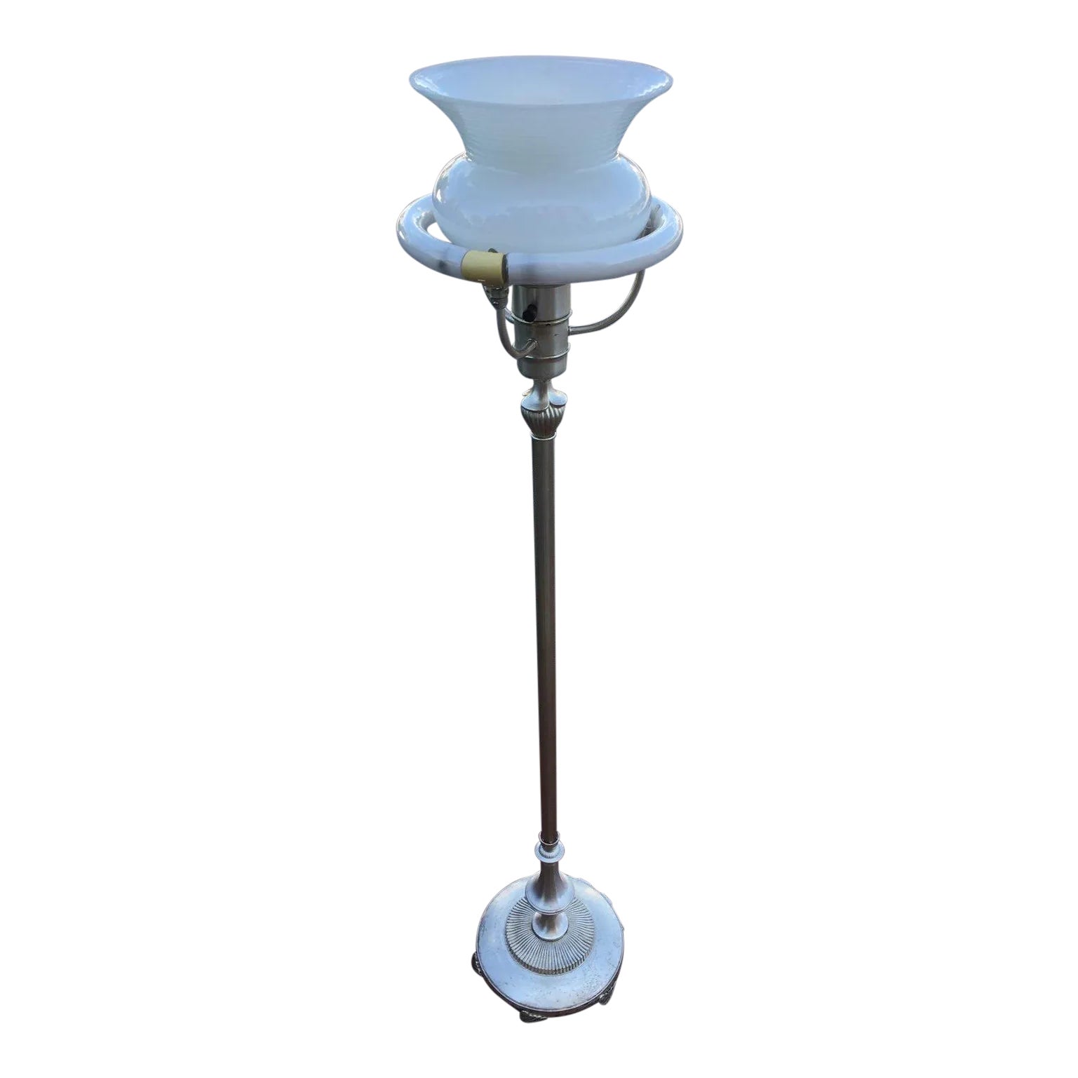 1930s Art Deco Slivered Metal Torchiere & Milk Glass Diffuser | Chairish