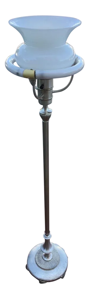 1930s Art Deco Slivered Metal Torchiere & Milk Glass Diffuser