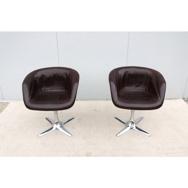 1960s 1960 Mid-Century Modern Burke Division Brown Leather Swivel Bucket Chairs, a Pair For Sale - Image 5 of 18