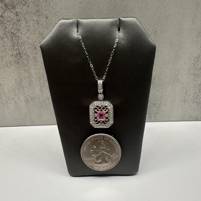 Pink Sapphire & Diamond Necklace in 14kt White Gold – 18in, Pre-Loved For Sale - Image 4 of 6
