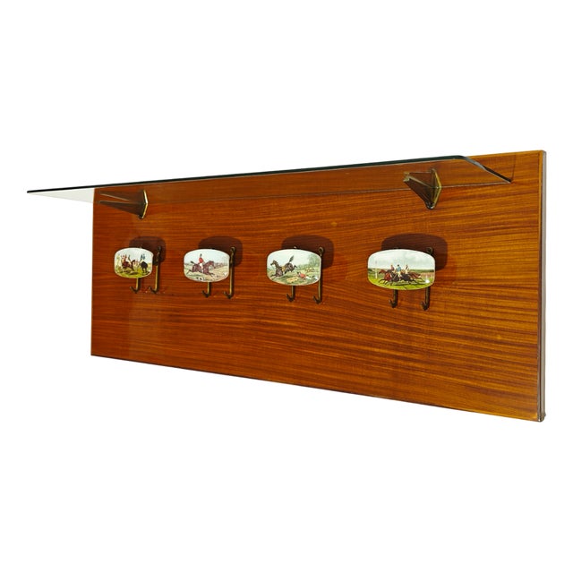 Wall-Mounted Coat Rack with Glass Shelf and Brass Accessories, 1960s For Sale