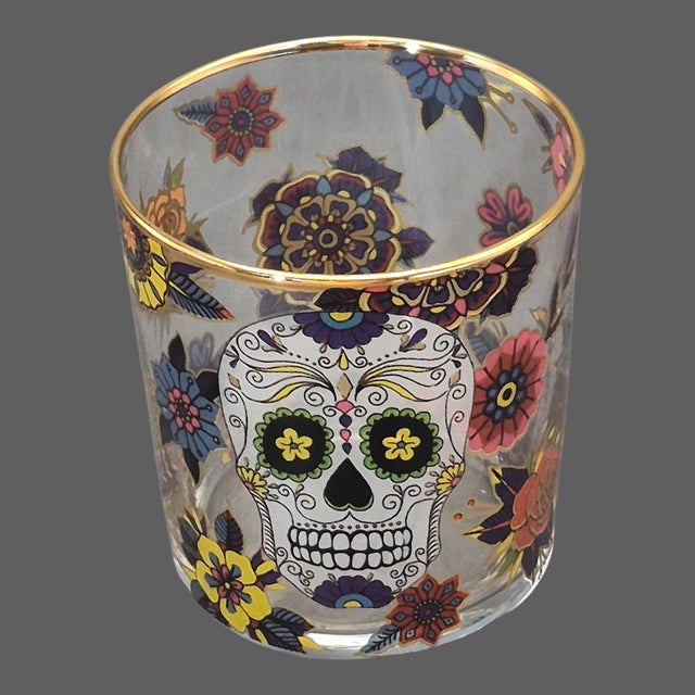 Contemporary Late 20th Century Boho Chic Williams Sonoma Day of the Dead Painted Skull Floral Tumblers Highball Glasses - Set of Four L For Sale - Image 3 of 8