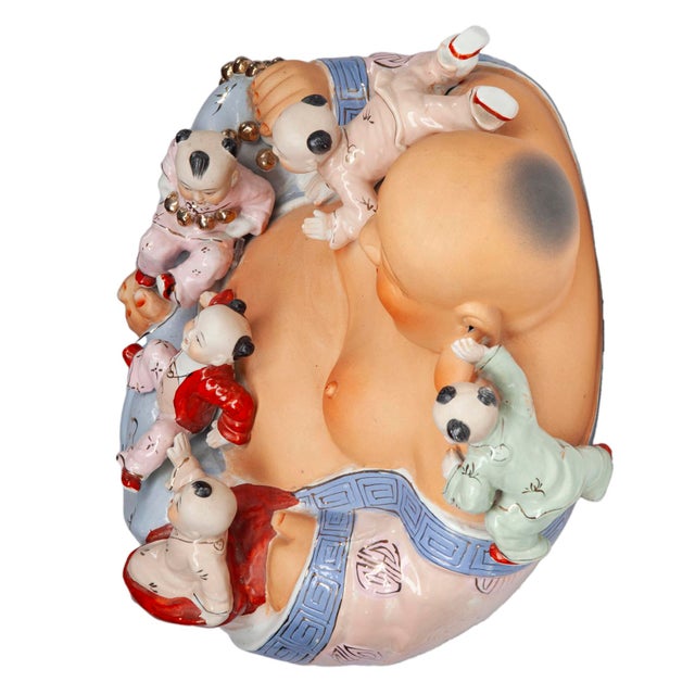 Chestnut Early 20th Century Vietnamese Hand-Painted Porcelain "Happy Buddha" Sculpture For Sale - Image 8 of 9