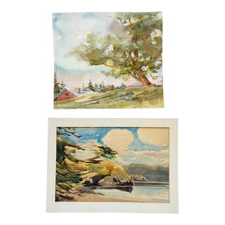 Pair of Vintage Original Landscape Watercolor Paintings 1970s For Sale