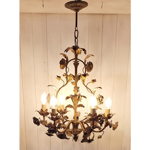 Metal Venetian 6-Light Chandelier in Brass-Colored Metal, 1950s For Sale - Image 7 of 7
