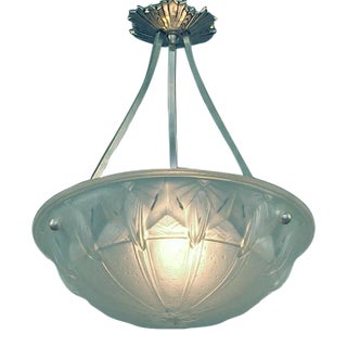 1920s French Lighting Bowl in the Muller Style, Frosted Glass With Brushed Nickel Plated Hardware For Sale
