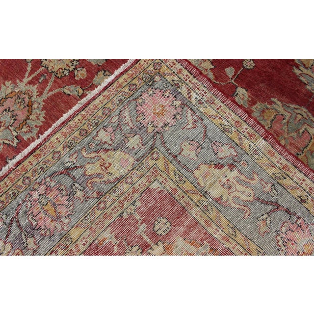 Early 20th Century Antique Turkish Oushak Rug in Red Blue/Gray Border L. Green Yellow & Pink For Sale - Image 11 of 11
