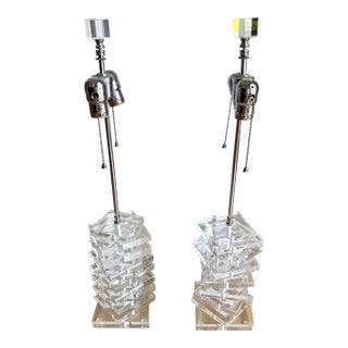 Signed Sculptural Stacked Lucite Table Lamps, Intentional Asymmetrical Pair, 1970s For Sale
