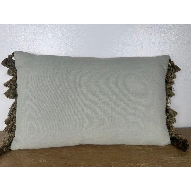 Textile Sea-Foam Green Damask Pillow With Fringe For Sale - Image 7 of 7