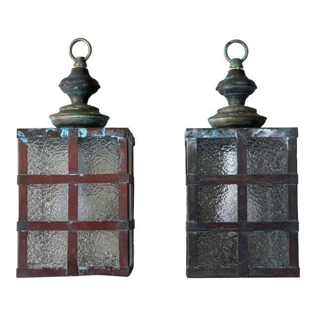 Small Pair of Vintage Square Copper and Brass Ceiling Lanterns 13”.5 X 6” For Sale