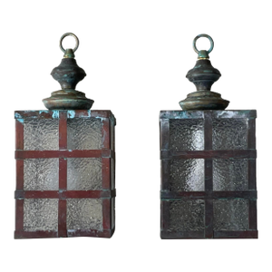 Small Pair of Vintage Square Copper and Brass Ceiling Lanterns 13”.5 X 6”