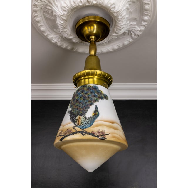 Art Deco Glass and Brass Pendant Light with Bird Paintings, France, 1930s For Sale - Image 4 of 18