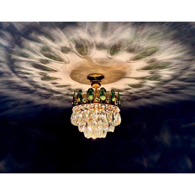 1960s 1960s French Brass Crown Chandelier – Rare Green & Clear Crystals For Sale - Image 5 of 14