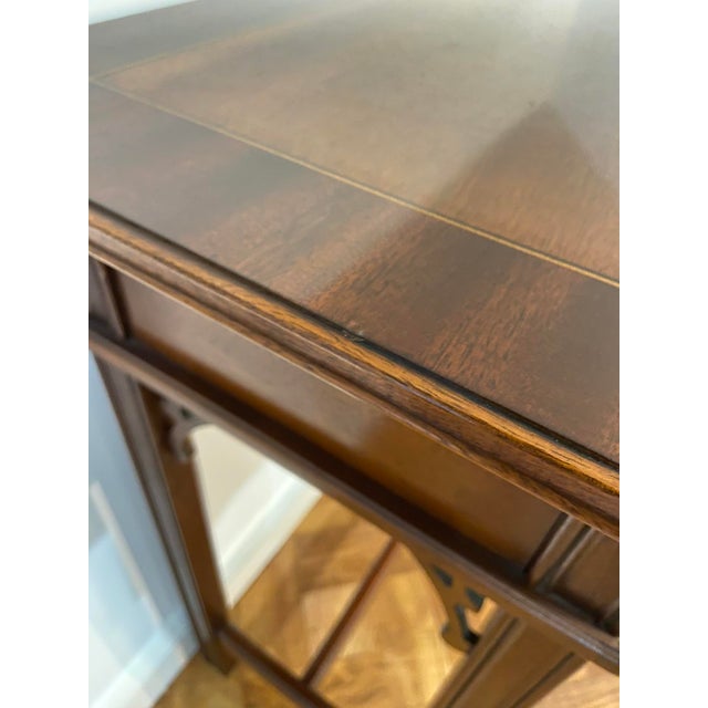 Coffee Vintage Late 20th Century Councill Hall Table With ChippendaleFretwork Trim and Banded Mahogany Top For Sale - Image 8 of 8