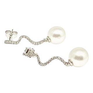 Diamond South Sea Pearl Earrings 14k White Gold Certified For Sale