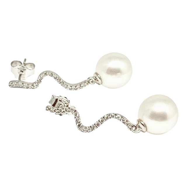 Diamond South Sea Pearl Earrings 14k White Gold Certified For Sale