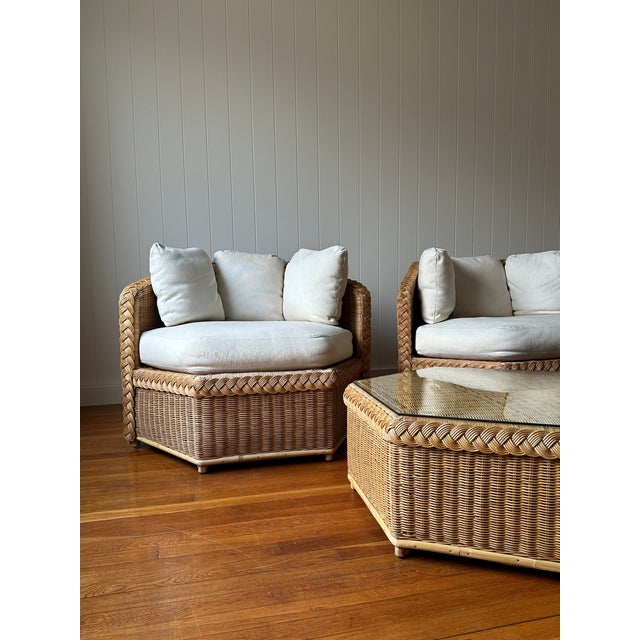 Wood Vintage Brown Jordan Braided Wicker Lounge Chairs, Pair For Sale - Image 7 of 17