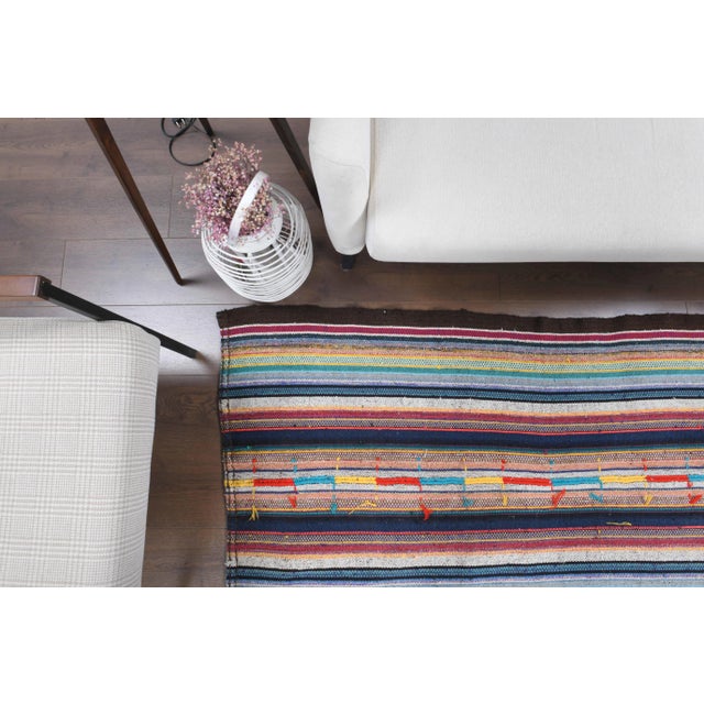 Textile Vintage Turkish Oushak Handmade Wool Cotton Blue Kilim Area Rug For Sale - Image 7 of 11