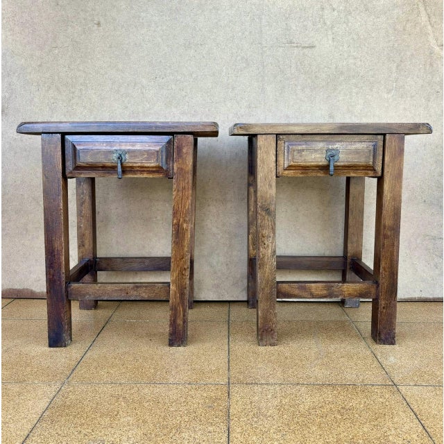 Spanish Chestnut Nightstands with Drawers, 1910, Set of 2 For Sale - Image 3 of 9