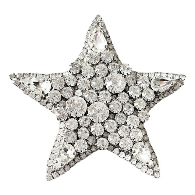 Vintage Star Brooch Rhinestone Faux Diamond Pin 2.5"w For Sale