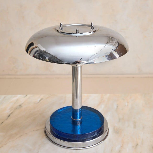 Art Deco French Art Deco Chrome + Cobalt Glass Table Lamp, 1950s For Sale - Image 3 of 8
