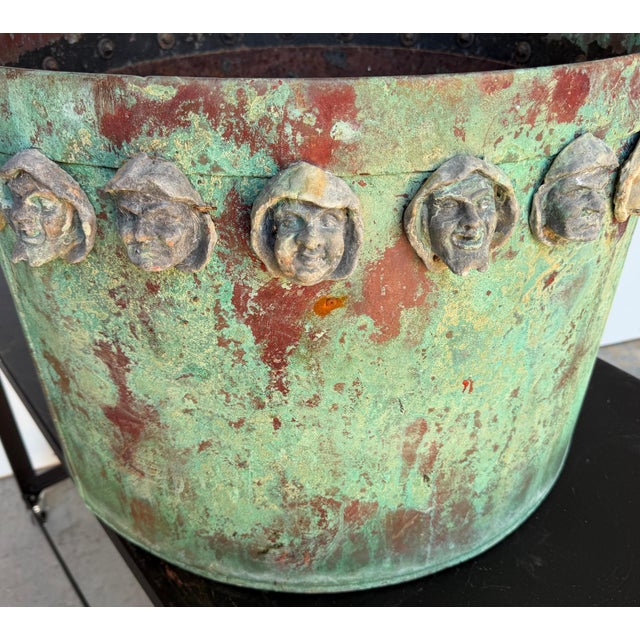 Pair Gothic Revival Verdigris Copper Planters Applied Medieval Heads, circa 1900 For Sale - Image 10 of 18
