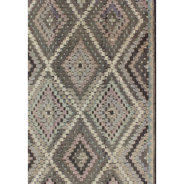 Tribal Mid 20th Century Mid 20th Century Vintage Turkish Flat Weave With Diamond Design in Gray Black Lavender & Green For Sale - Image 3 of 13