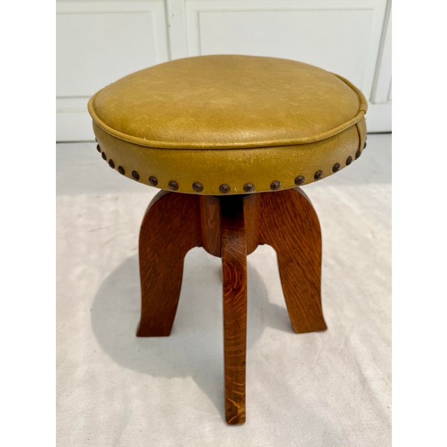 Arts and Crafts Mustard Yellow Nailhead Swivel Solid Wood Stool For Sale - Image 10 of 12