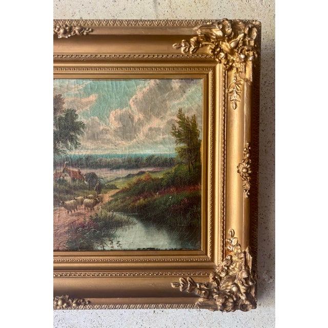 19th Century Antique British Countryside Oil Painting in the Manner of E. Horton, Gilt Frame For Sale - Image 5 of 9
