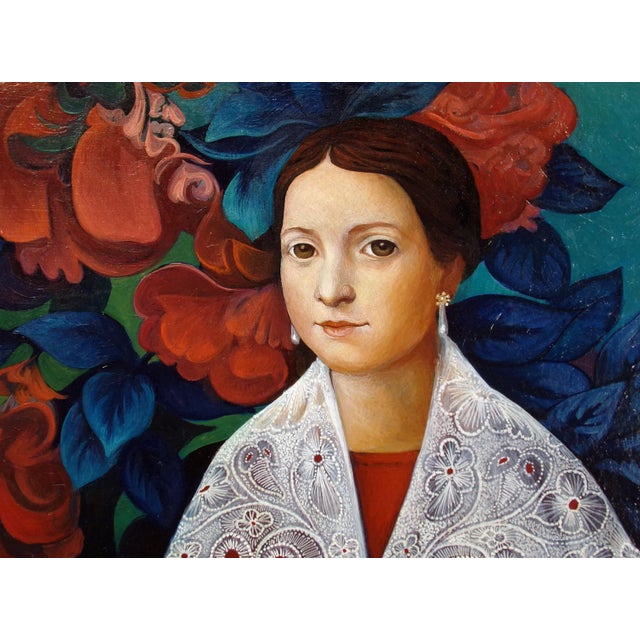 Original oil painting on canvas of a young woman in a red dress standing before a large vase of flowers. Circa 1960s?...