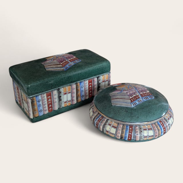 Vintage Maitland Smith Style Stacked Book Ceramic Keep All Boxes- A Pair For Sale - Image 14 of 17