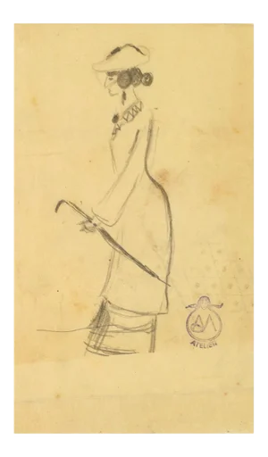 Woman with Umbrella - Charcoal Drawing on Paper by A. Mérodack-Jeanneau Late 19th Century