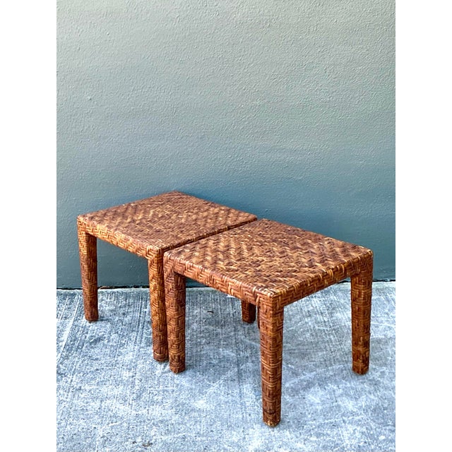 Wood Vintage Woven Rattan Side Tables - A Pair For Sale - Image 7 of 12