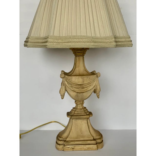 Late 20th Century Neoclassical Carved Wood Urn Lamp With Pleaded Silk Shade For Sale - Image 4 of 7
