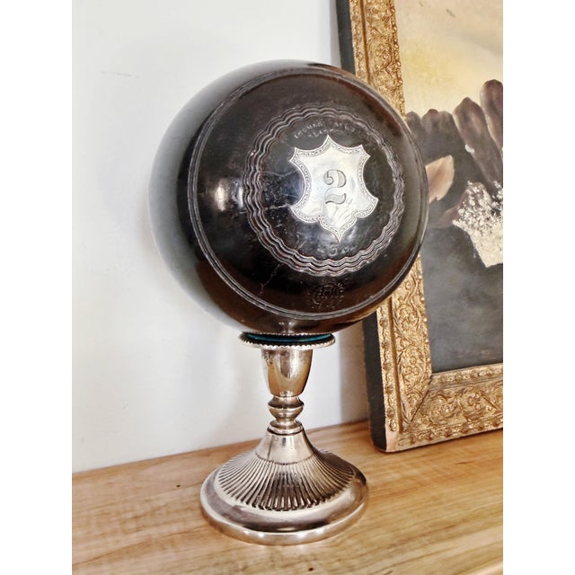 English 1916 English Sterling & Wood Trophy Lawn Bowling Ball on Stand For Sale - Image 3 of 6