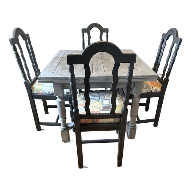 Antique English Oak Draw Leaf Chalk Painted Table and 4 Chairs For Sale