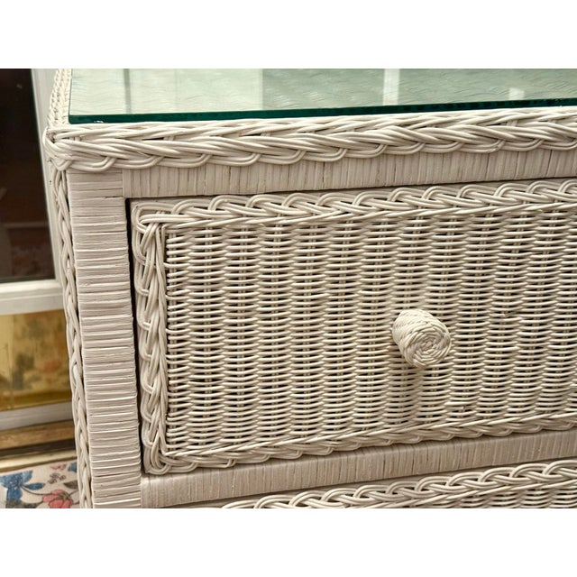 Vintage White Wicker 2-Drawer Nightstand With Glass Top For Sale In New York - Image 6 of 10