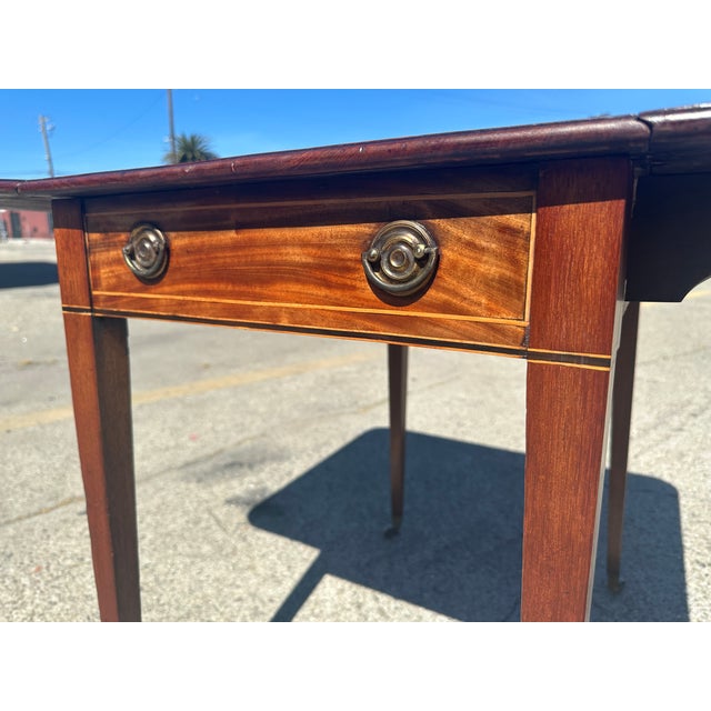 Antique Federal Sheraton Mahogany Drop Leaf Pembroke Table Inlay Brass Casters For Sale - Image 11 of 14