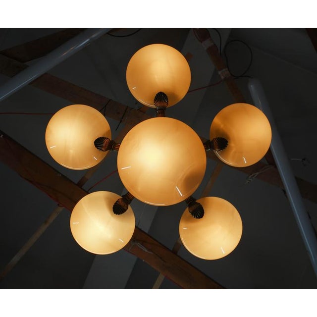 Gold Art Nouveau Six-Light Brass Chandelier by Jencik, Czechoslovakia, 1920s For Sale - Image 8 of 17