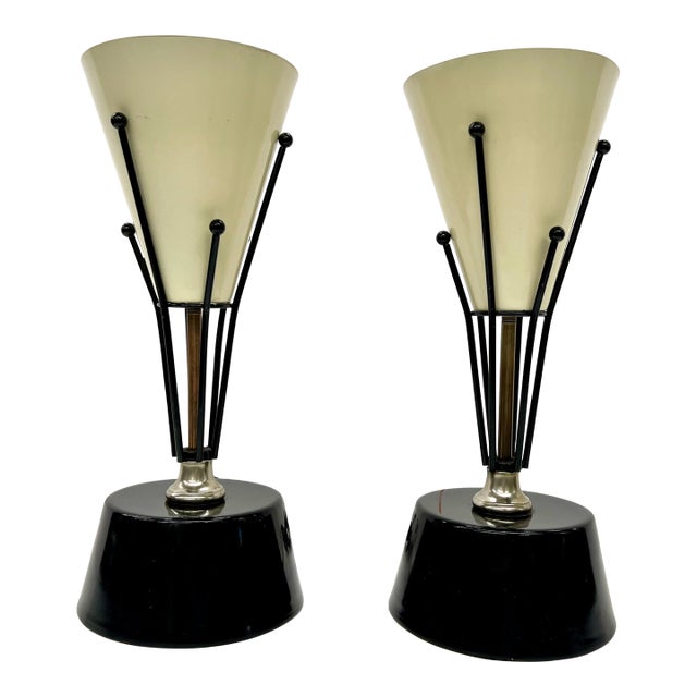 1950s Pair of Vintage Mid-Century Modern Atomic Torchiere Table Lamps – Black & Brass – Cream Cone Shades For Sale