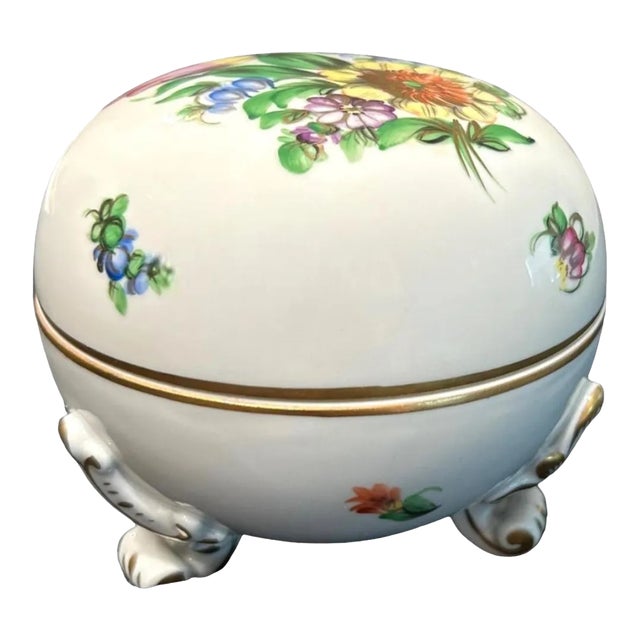 Vintage Herend Porcelain Hand Painted Floral Round Trinket