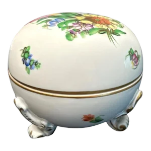 Vintage Herend Porcelain Hand Painted Floral Round Trinket Box With Lid