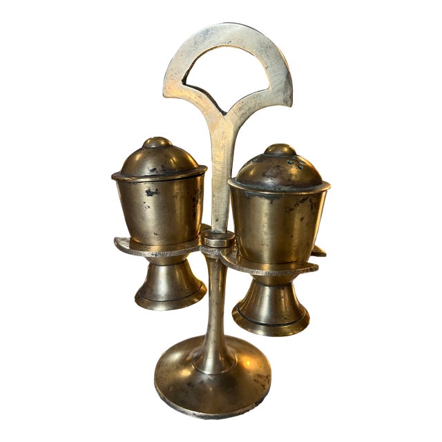 1970s Pair of Brass Salt and Pepper Shakers on Stand For Sale