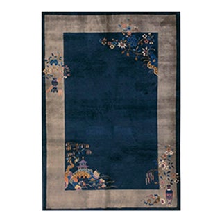 1920s Antique Blue Field Gray Border Vase Floral Classic Chinese Art Deco Rug For Sale
