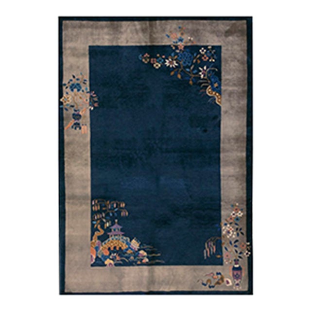 1920s Antique Blue Field Gray Border Vase Floral Classic Chinese Art Deco Rug For Sale